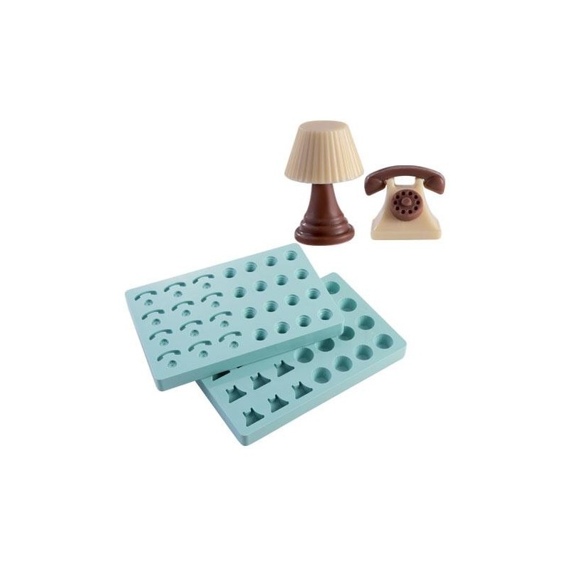 KIT 2 Moldes Chocolate Vintage Pralines Telefone e Candeeiro