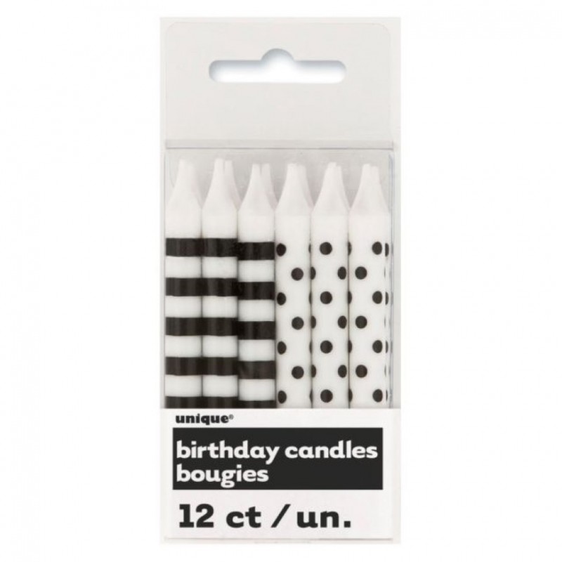 Pack de 12 Velas Brancas Riscas e Bolinhas Pretas