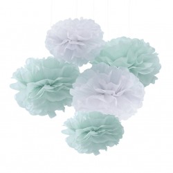 5 Pompons Menta e Brancos