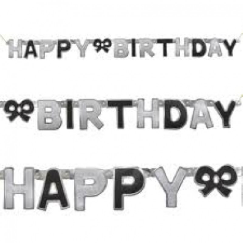 Banner Prata e Preto Glitter Happy Birthday