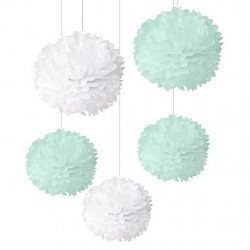 Conjunto de 5 Pompons Brancos e Menta