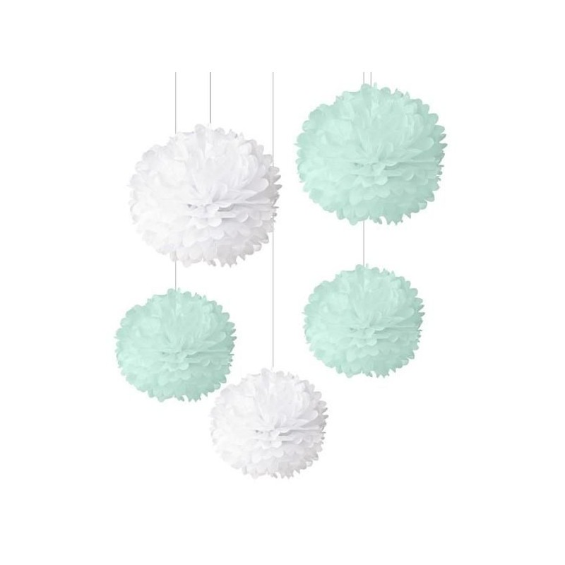 Conjunto de 5 Pompons Brancos e Menta