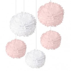 Conjunto de 5 Pompons Brancos e Rosa