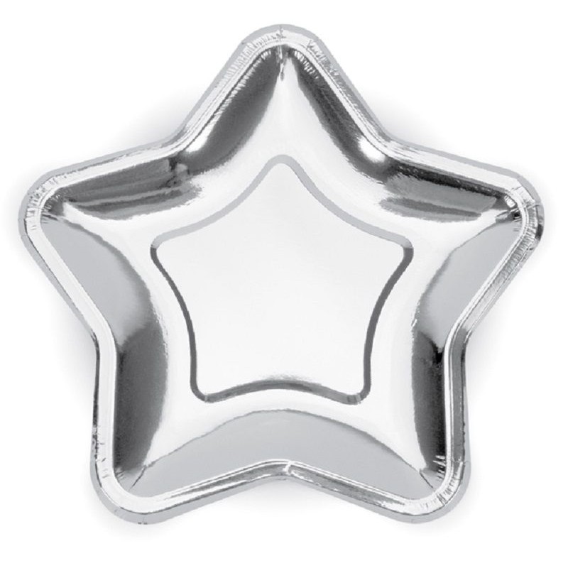 6 Pratos Estrela Foil Prateada 23cms