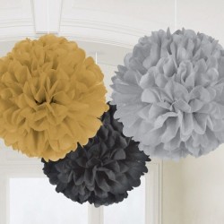 3 Pompons Decoração Preto, Dourado e Prata