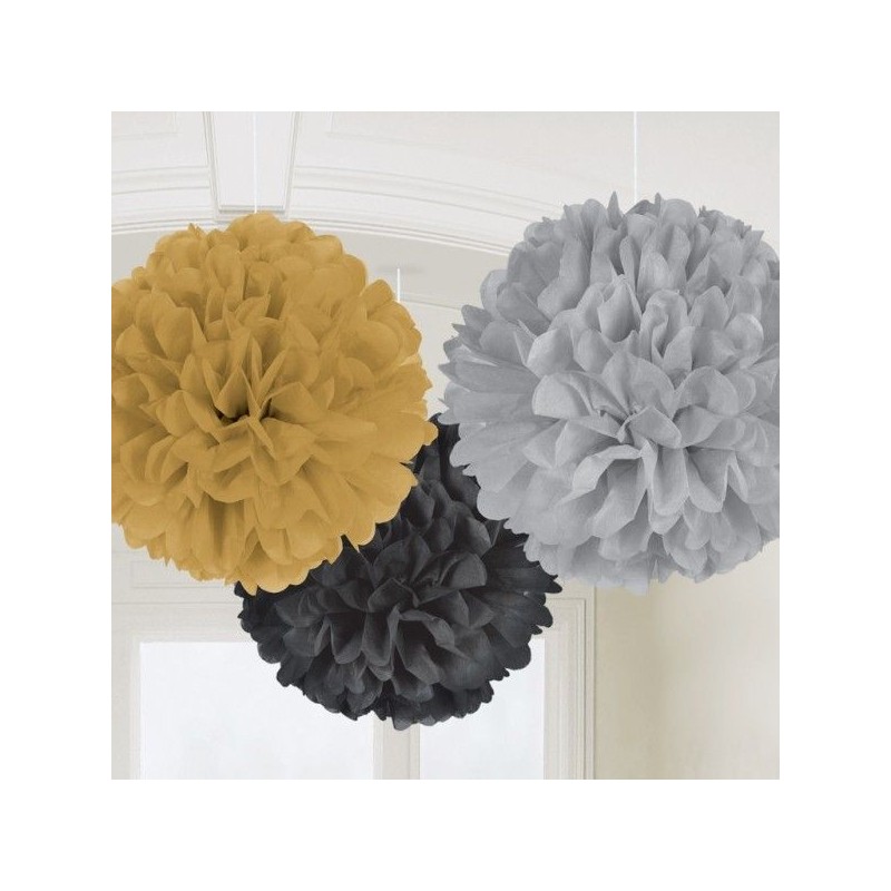 3 Pompons Decoração Preto, Dourado e Prata