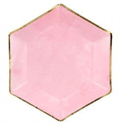 Pratos Hexagonal Rosa com fio Dourado 23 cms