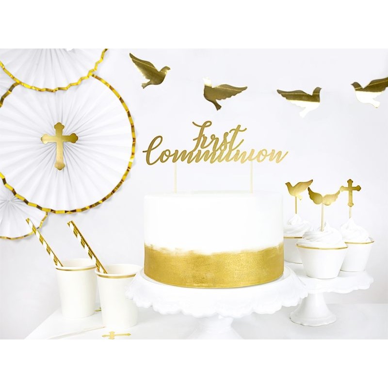 Topo Bolo Cartão Dourado First Communion