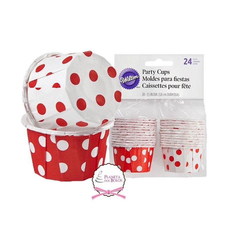 Pack 24 Mini tacinhas papel firme vermellho/branco às bolinhas