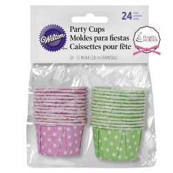 Pack de 24 Mini copos de festa Verde e Roxo às Bolinhas Brancas 