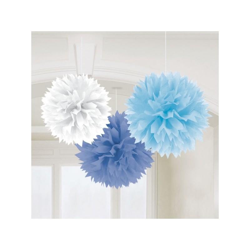 Pack 3 Pompons Fluffy Azuis 40 Cms