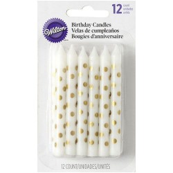 12 Velas Brancas Bolinhas Douradas